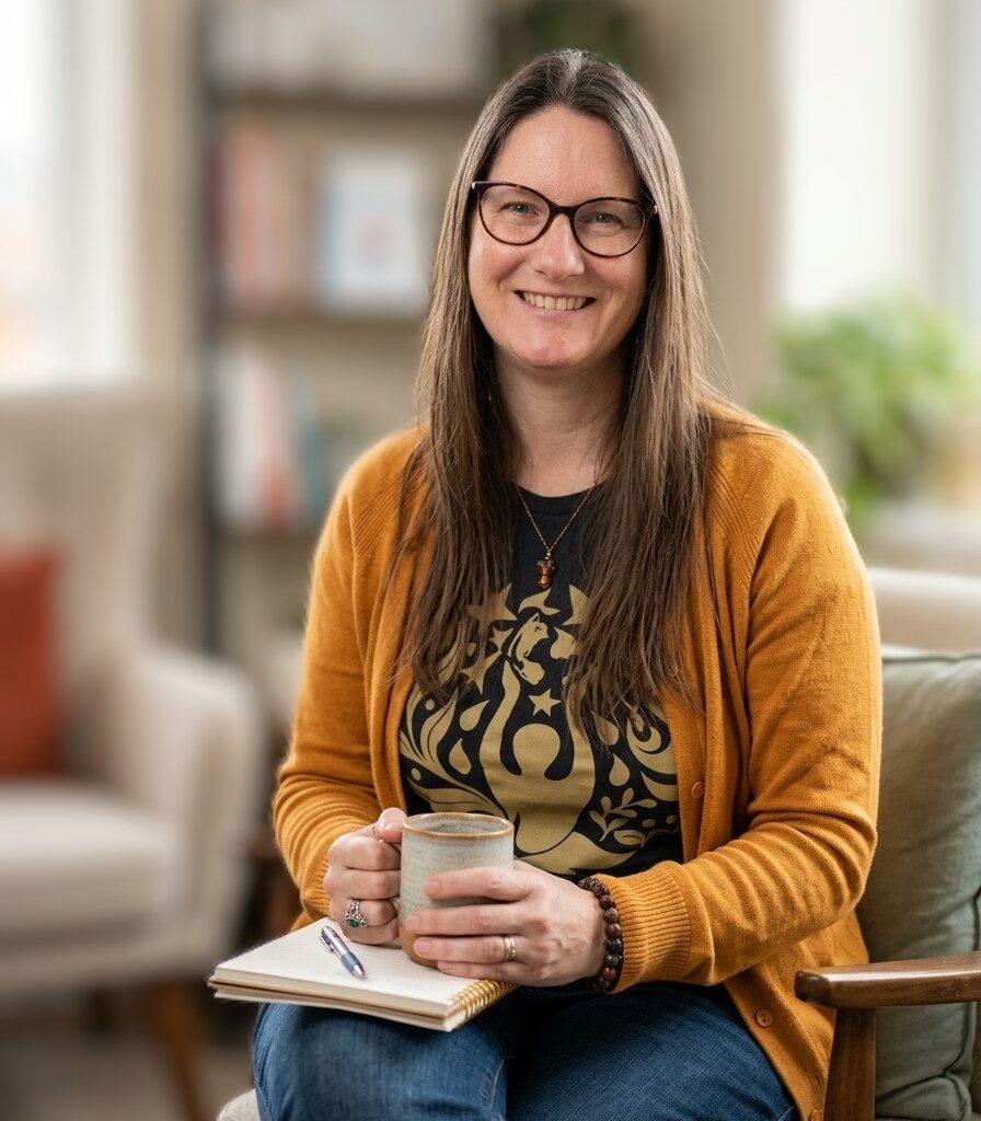 A picture of the founder, Jo, ready for a coaching session with a cup of ea, notebook and pen.