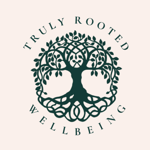 Truly Rooted Wellbeing Logo. It has a picture of the Tree of Life in dark teal with the words Truly Rooted Wellbeing written around it on a warm cream coloured background.