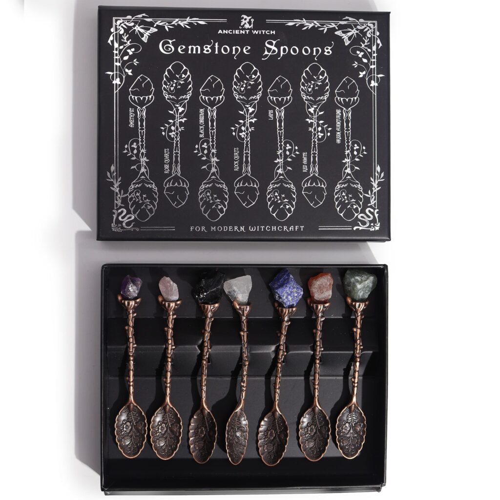 Set of 7 Bronze Gemstone Crystal Witch Spoons